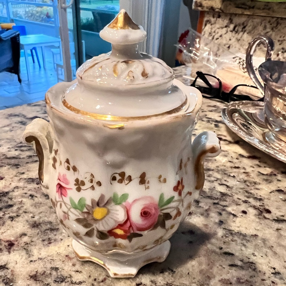 Antique Floral Porcelain Sugar Bowl with Gold Accents